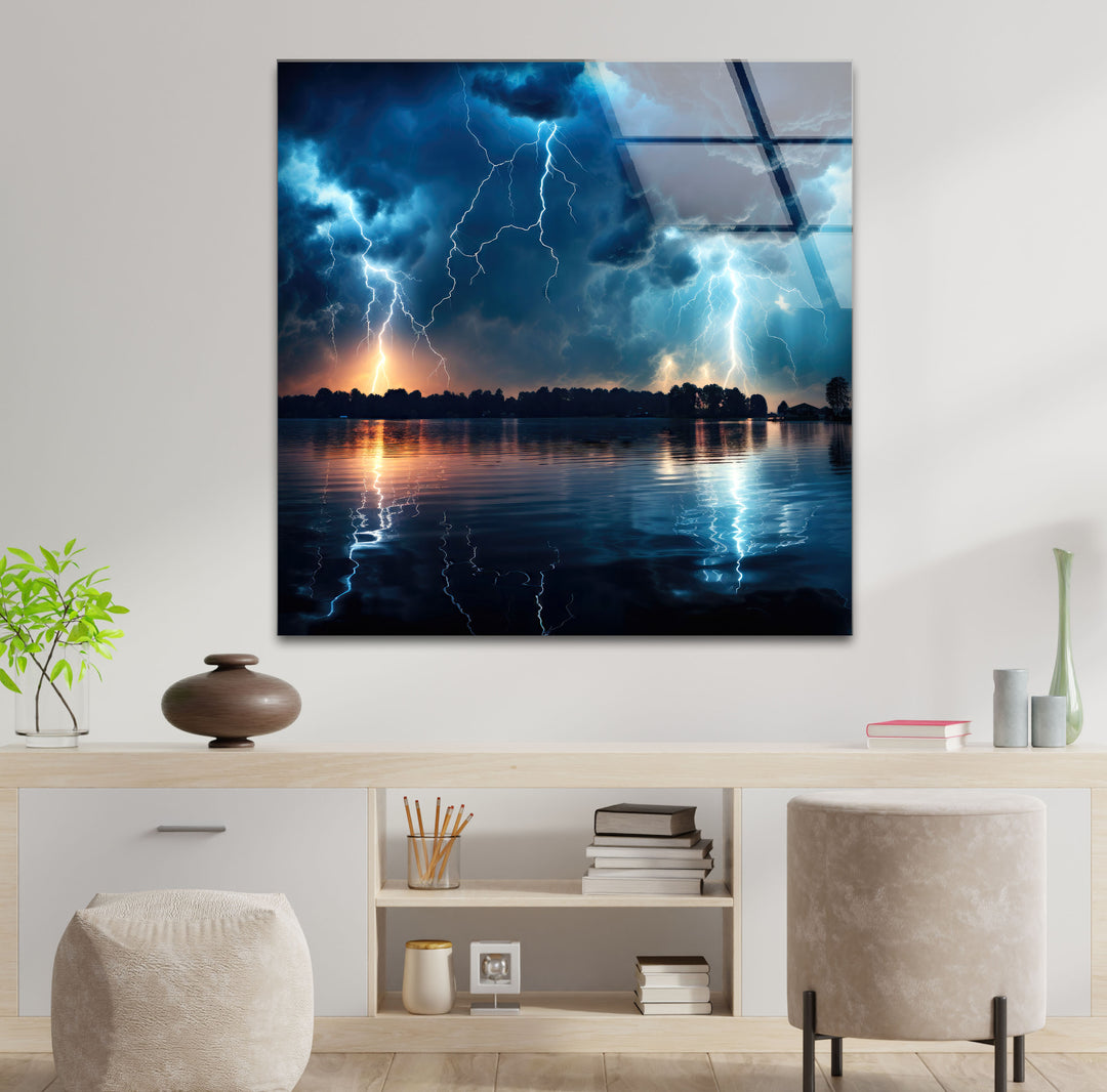 Lightning Storm Over Lake Wall Art – Dramatic Thunderstorm Glass Print