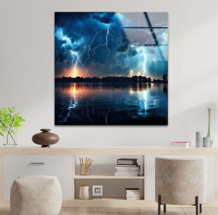 Lightning Storm Over Lake Wall Art – Dramatic Thunderstorm Glass Print