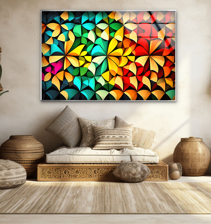 Bunte geometrische Glaswandkunst – Lebendiges abstraktes 3D-Muster