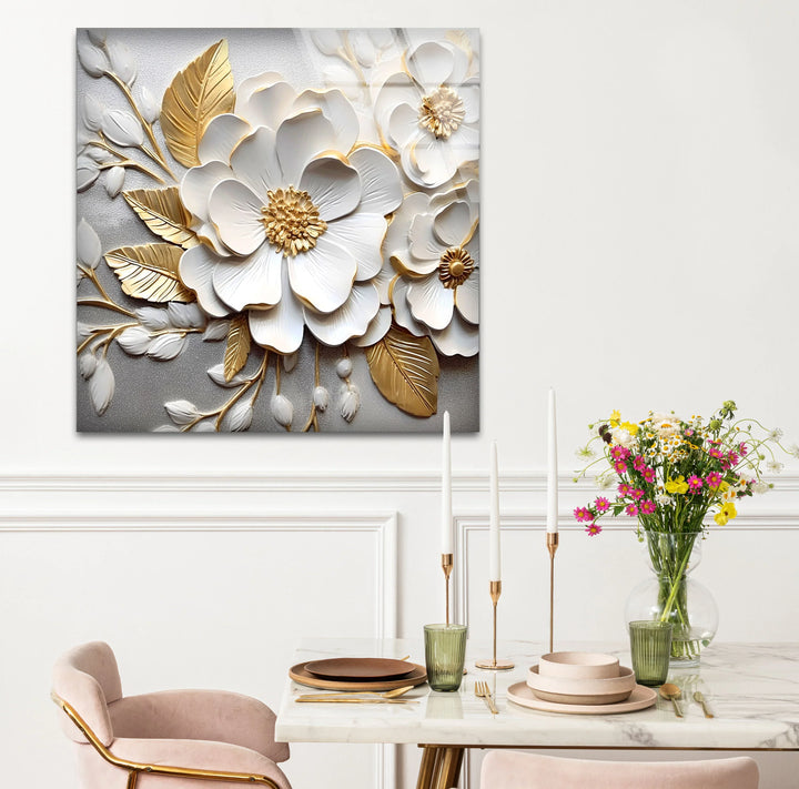 White Gold Floral Wall Art – 3D Textured Flower Print on Glass Panel - MyPhotoStation