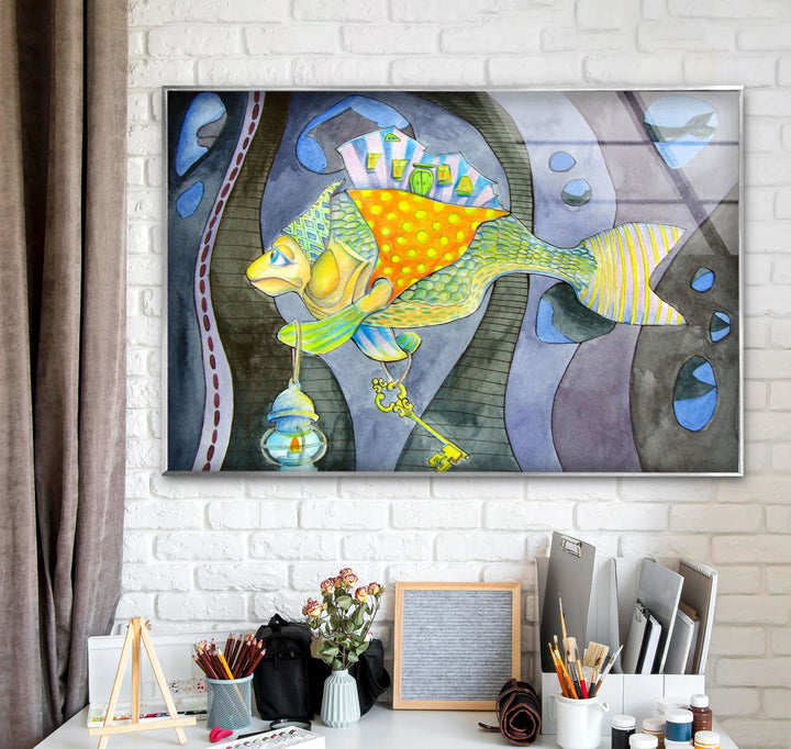Surreal Fantasy Fish Wall Art – Whimsical Glass Print with Key & Lantern - MyPhotoStation