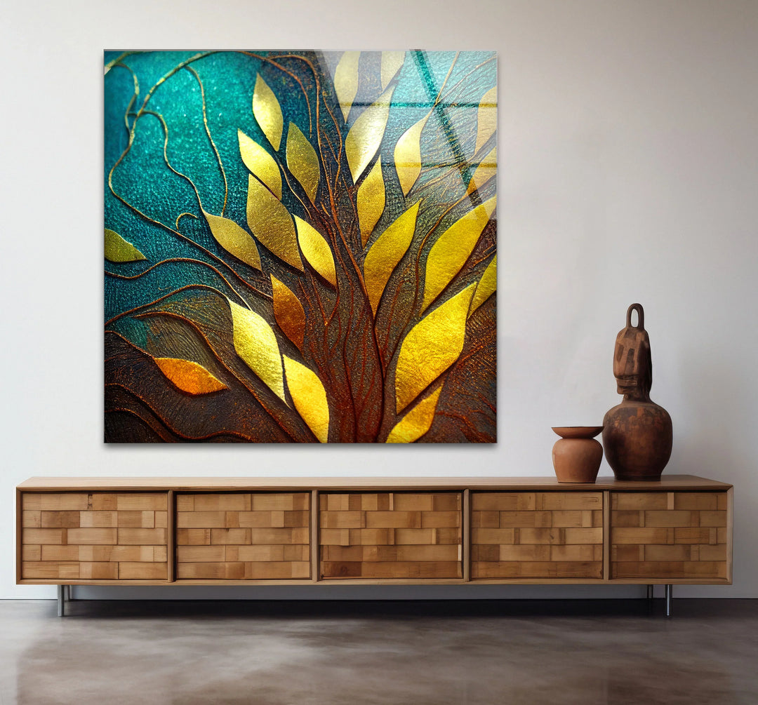 Golden Leaf Tree Glass Wall Art – Elegant Botanical Design with Teal & Amber Accents - MyPhotoStation