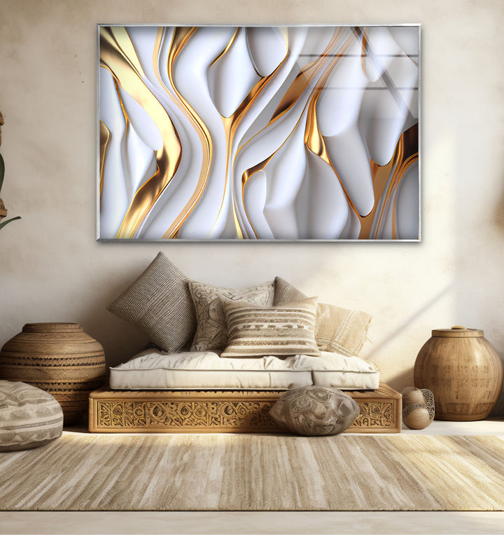 Gold White Abstract Wall Art – Luxury Fluid Texture Glass Print for Modern Interiors