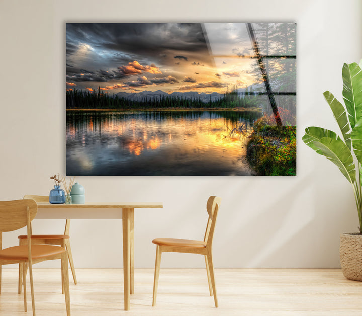 Sunset Lake Wall Art – Serene Forest Landscape Glass Print