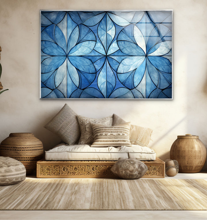 Blue Floral Geometric Wall Art – Modern Glass Panel with Elegant Petal Design