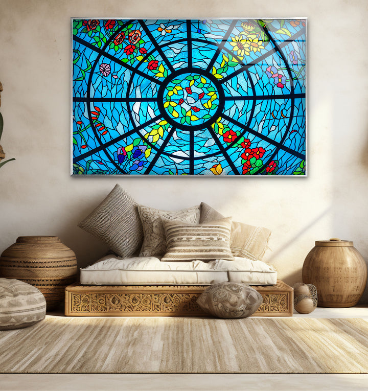 Blue Stained Glass Wall Art – Vibrant Floral & Ocean Window Design for Home & Office
