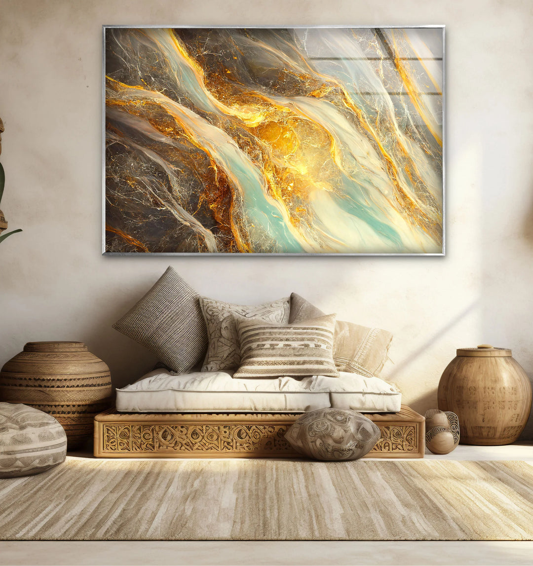 Gold Teal Marble Wall Art – Abstract Glass Print with Fiery Metallic Flow for Modern Elegant Interiors - MyPhotoStation