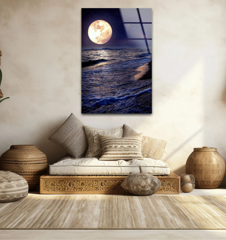 Moonlit Ocean Wall Art – Full Moon Over Waves Glass Print, Night Seascape Decor for Bedroom & Living Room - MyPhotoStation