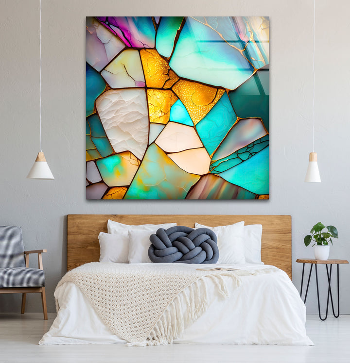 Modern Stained Glass Abstract Wall Art – Teal & Gold Geometric Glass Print