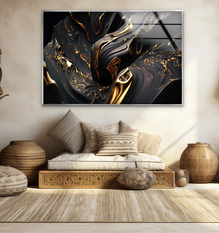 Black Gold Swirl Wall Art – Luxury Abstract Fluid Glass Print for Interiors