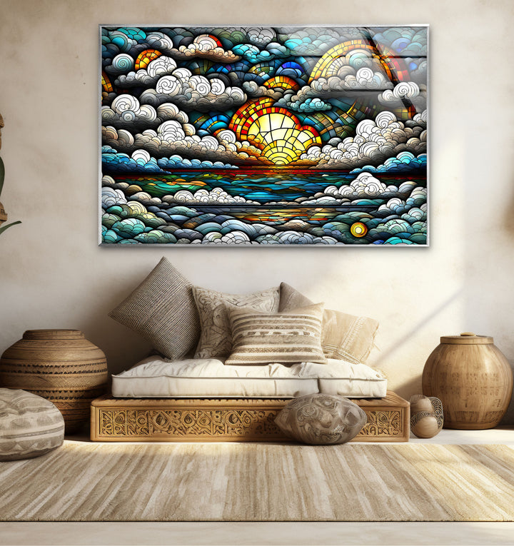 Stained Glass Sunrise Cloudscape Wall Art – Serene Horizon Decor