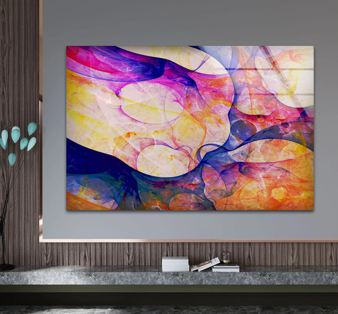 Color Swirl Abstract Glass Wall Art – Vibrant Purple, Yellow & Blue Modern Decor - MyPhotoStation