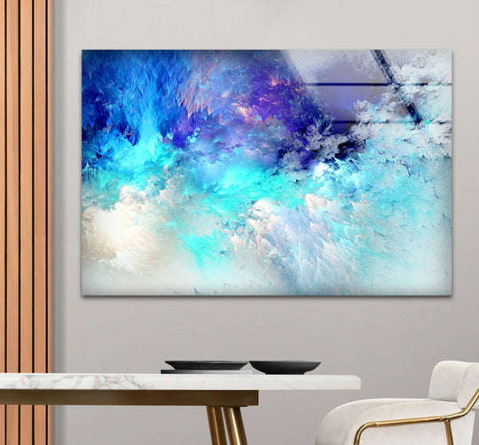 This frosted abstract glass print features an icy blue dreamscape for a serene finish.