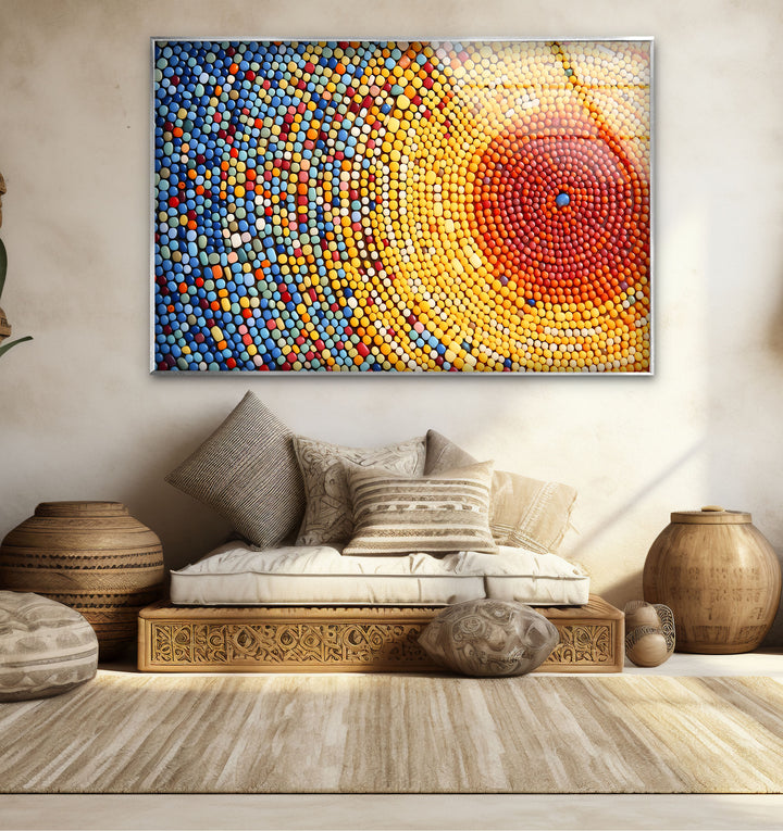 Sunburst Dot Mosaik-Glaswandkunst – Lebendiges buntes Kreismuster