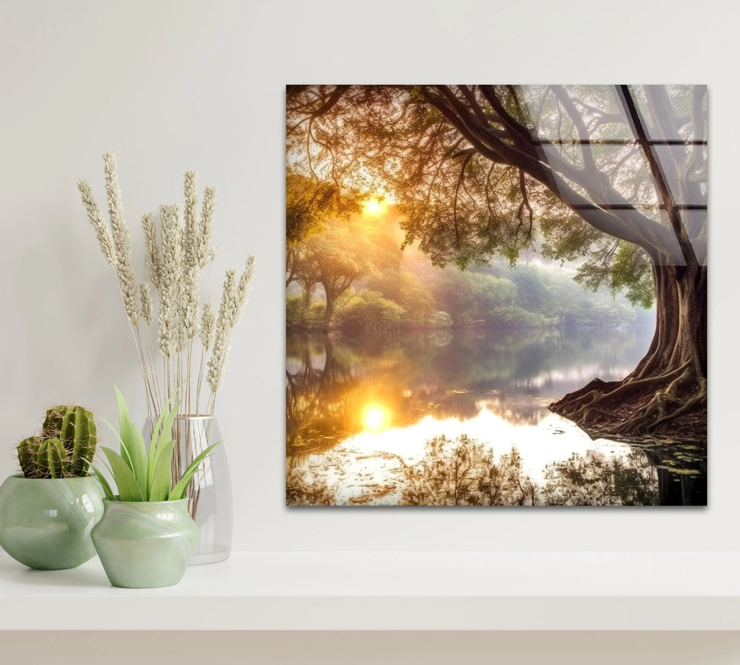 Golden Forest Sunrise Reflections – Majestic Tree and River Glass Wall Art - MyPhotoStation
