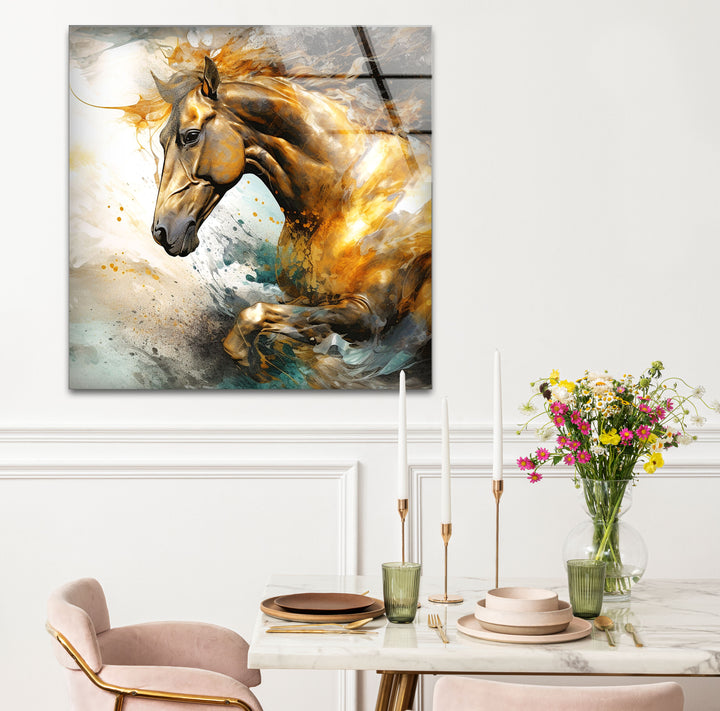 Golden Gallop Wandkunst – Majestätisches Pferd Abstraktes Glasdruckdekor