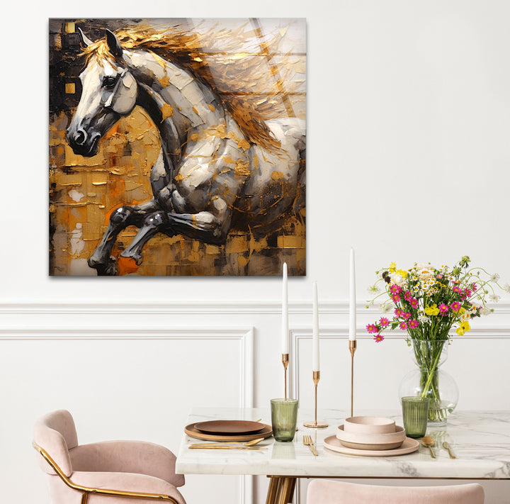 Golden Spirit Horse Wandkunst – Abstrakter Glasdruck mit rennendem Hengst