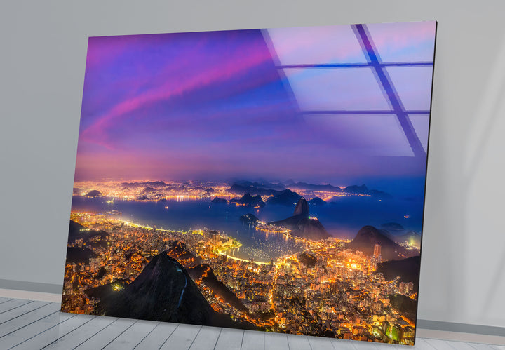 Rio de Janeiro Skyline Wall Art – Vibrant Cityscape Glass Print with Sunset Sky for Urban Interiors