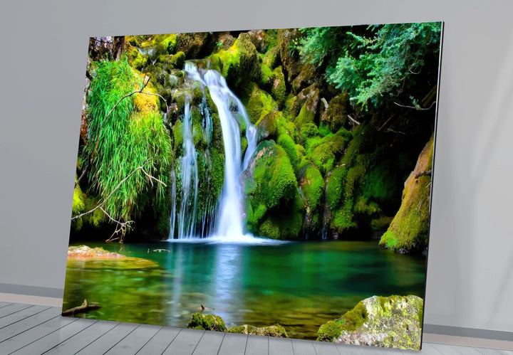 Forest Waterfall Wall Art – Serene Glass Landscape Print with Lush Green Moss and Crystal Clear Stream for Nature-Inspired Interiors - MyPhotoStation