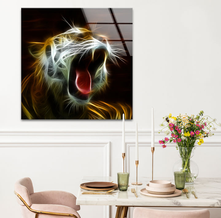 Electric Roar Tiger Wandkunst – Neon Wildtier Glasdruck Dekor