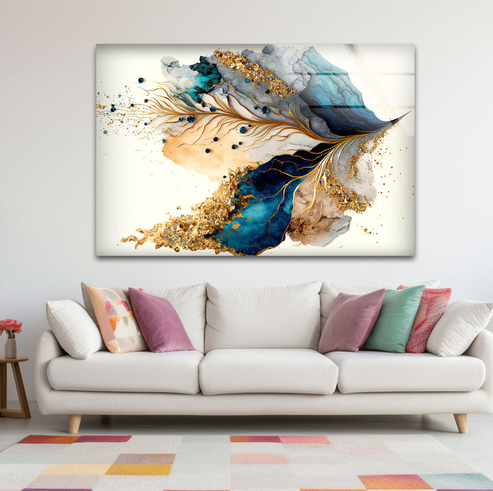 Abstrakte Glaswandkunst in Gold und Blau – Luxuriöses, modernes, fließendes Design