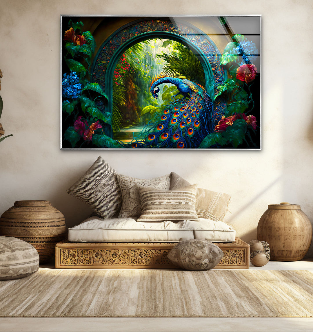 Majestic Peacock Garden Glass Wall Art – Elegant Nature-Inspired Decor