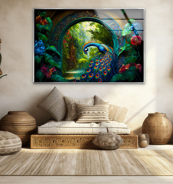 Majestic Peacock Garden Glass Wall Art – Elegant Nature-Inspired Decor
