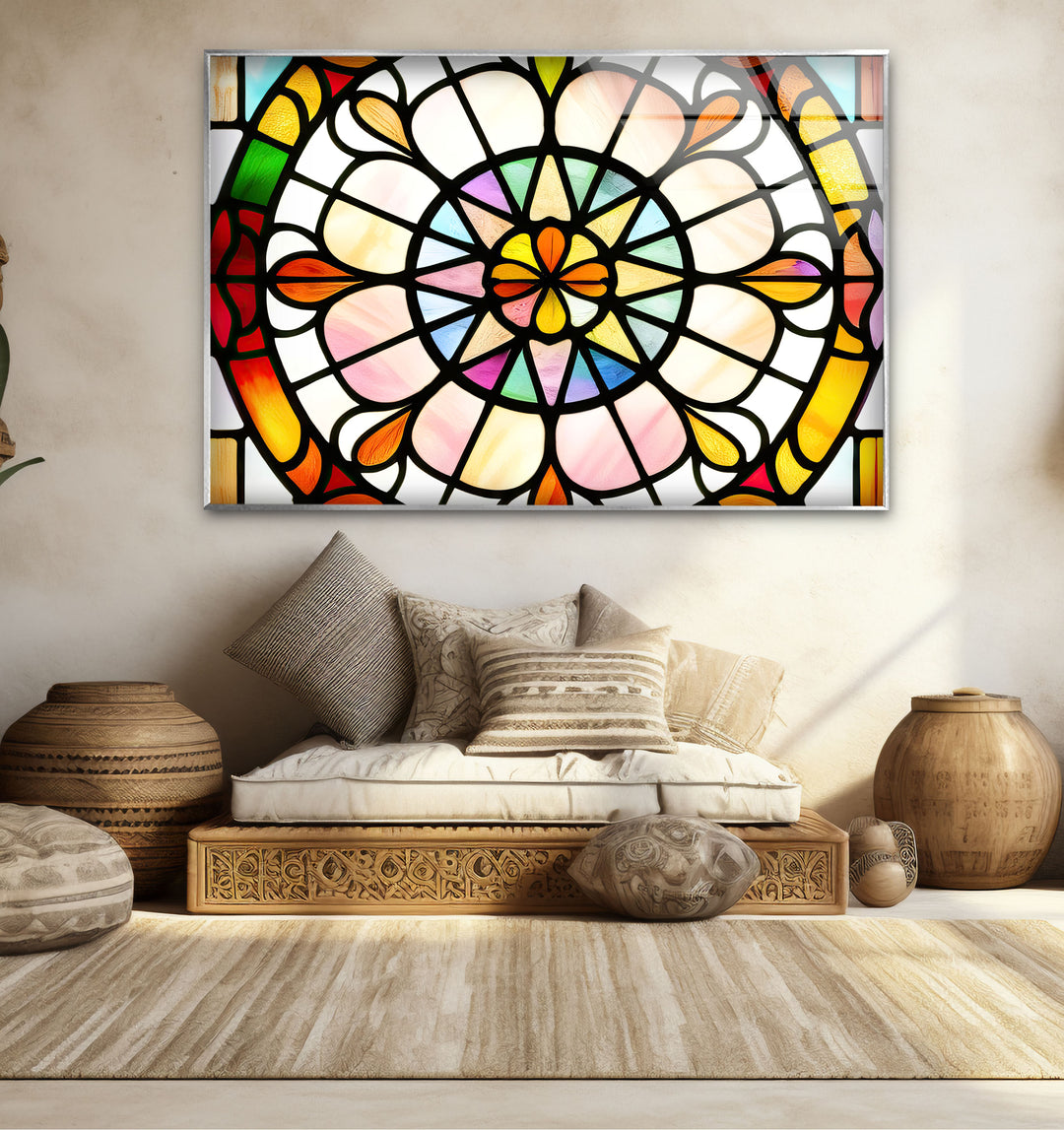 Bunte Buntglas-Wandkunst – Lebendiges Rosenfenster-Glasdesign 
