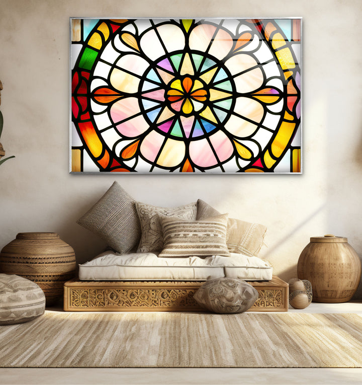 Bunte Buntglas-Wandkunst – Lebendiges Rosenfenster-Glasdesign 