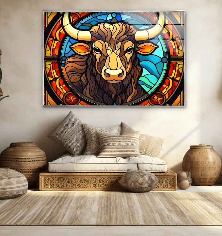 Wanddekoration mit Stier aus Buntglas – Rustikales Dekor, modernes Tierdesign 