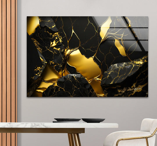 Minimalist black and gold abstract print wall art with ample negative space, highlighting luxurious shine.