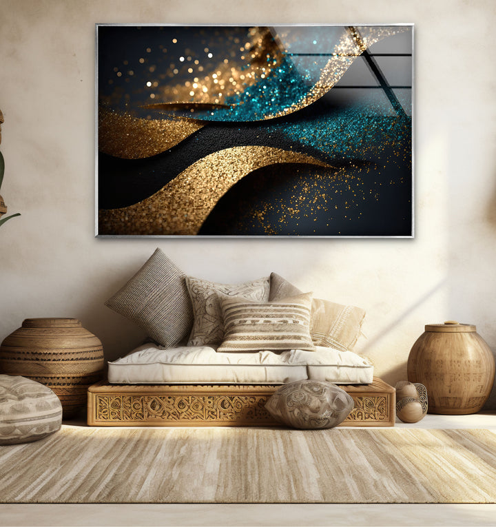 Gold Teal Glitter Wave Wall Art – Luxury Sparkle Abstract Glass Print