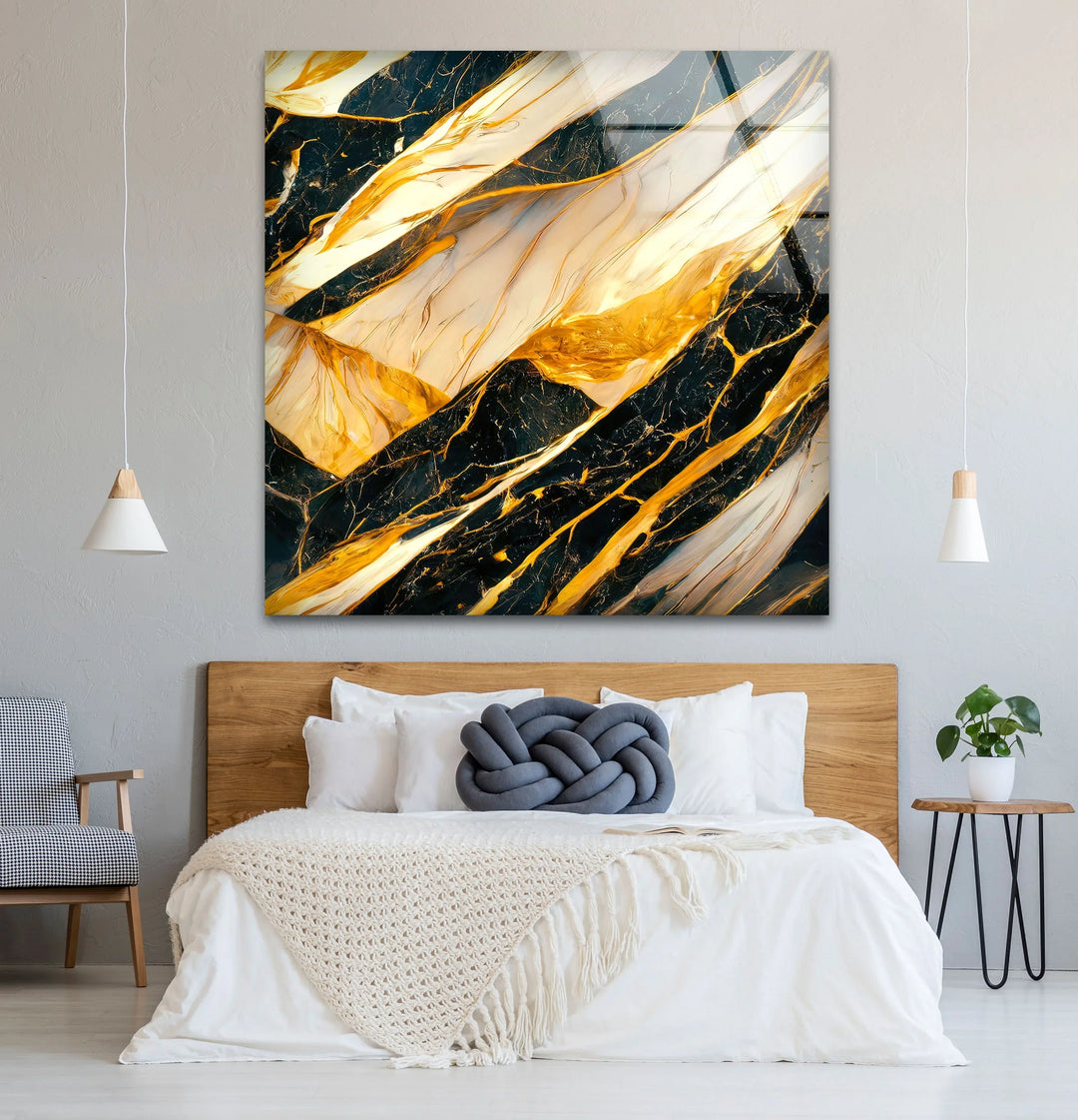 Luxury Black Marble Glass Wall Art with Gold and White Fluid Veins – Modern Abstract Decor - MyPhotoStation