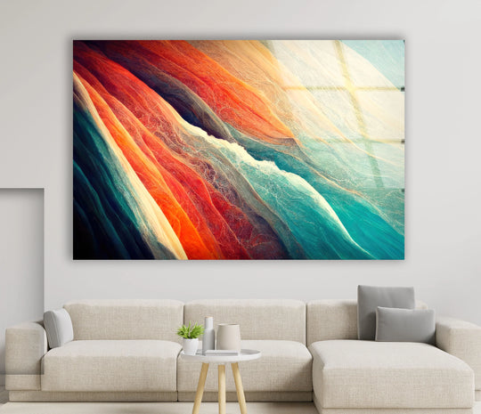 Deep navy blue currents flow through this vibrant abstract glass printing, creating a dramatic effect.