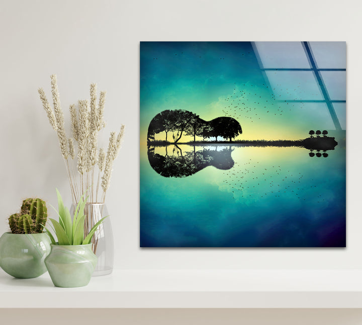Surreal Guitar Island Wall Art – Nature and Music Landscape Glass Print