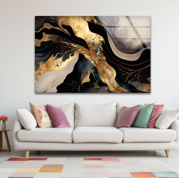 Black & Gold Abstract Glass Wall Art – Luxury Modern Fluid Design