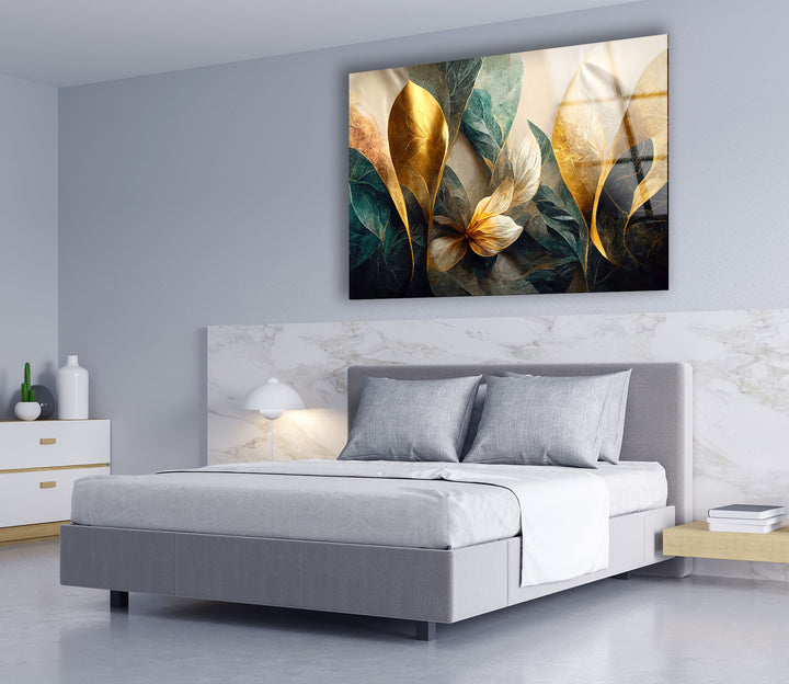 Goldene botanische Wandkunst – Luxuriöser floraler Glasdruck 
