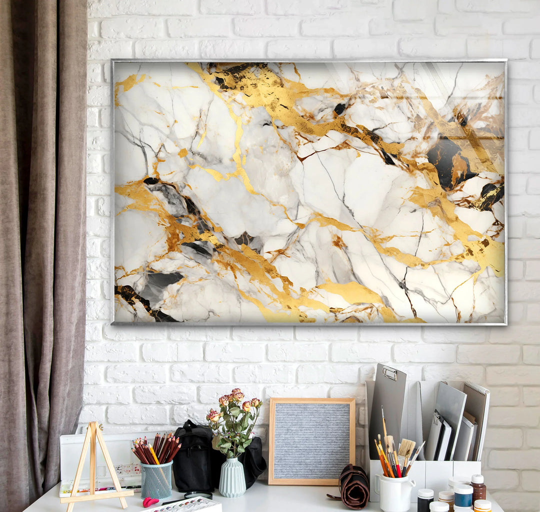 White Gold Marble Wall Art – Elegant Glass Print with Luxe Veined Texture for Modern Interiors - MyPhotoStation