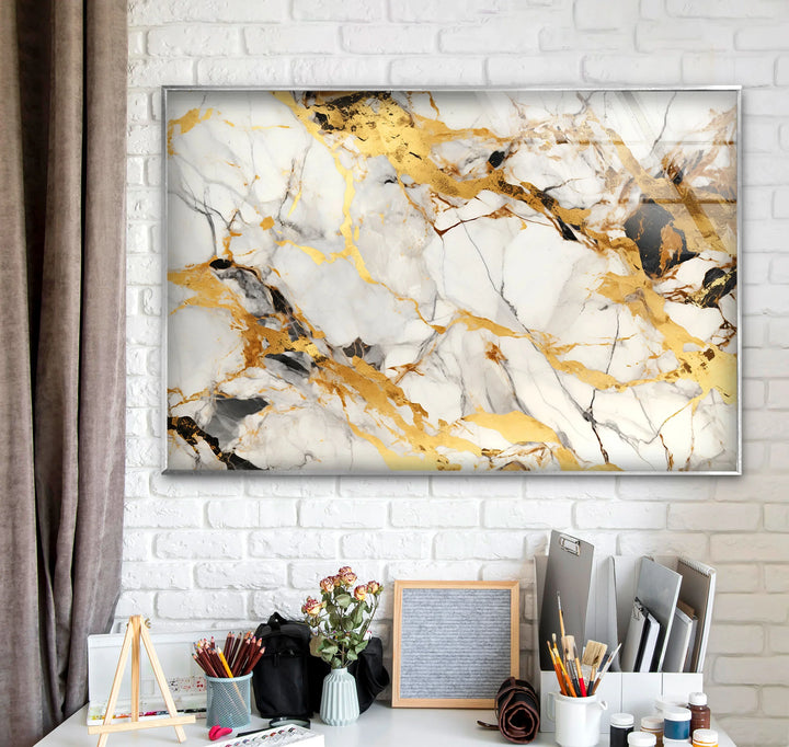 White Gold Marble Wall Art – Elegant Glass Print with Luxe Veined Texture for Modern Interiors - MyPhotoStation