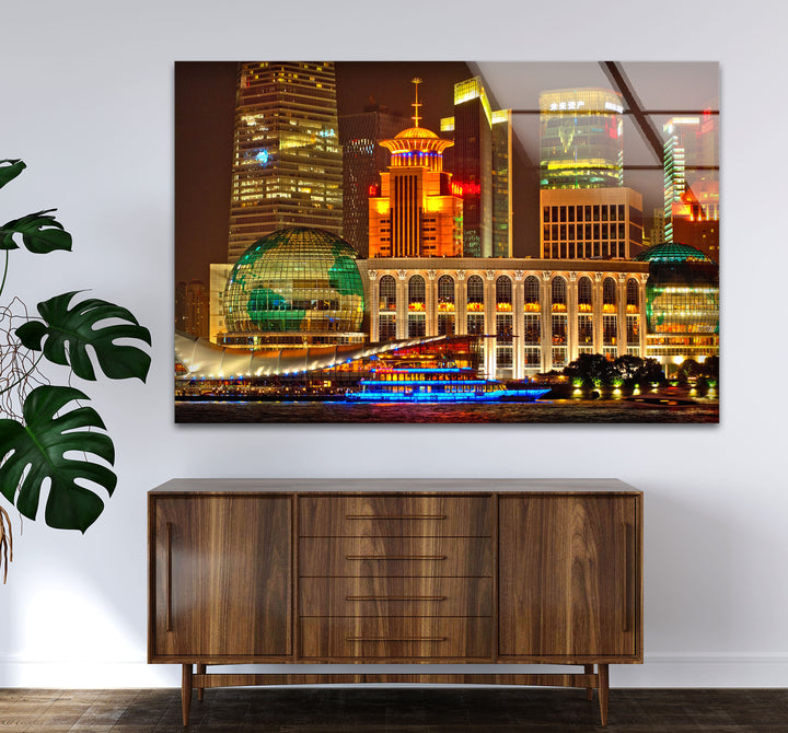 Shanghai Skyline Wall Art – Vibrant City Lights Glass Print for Modern Decor