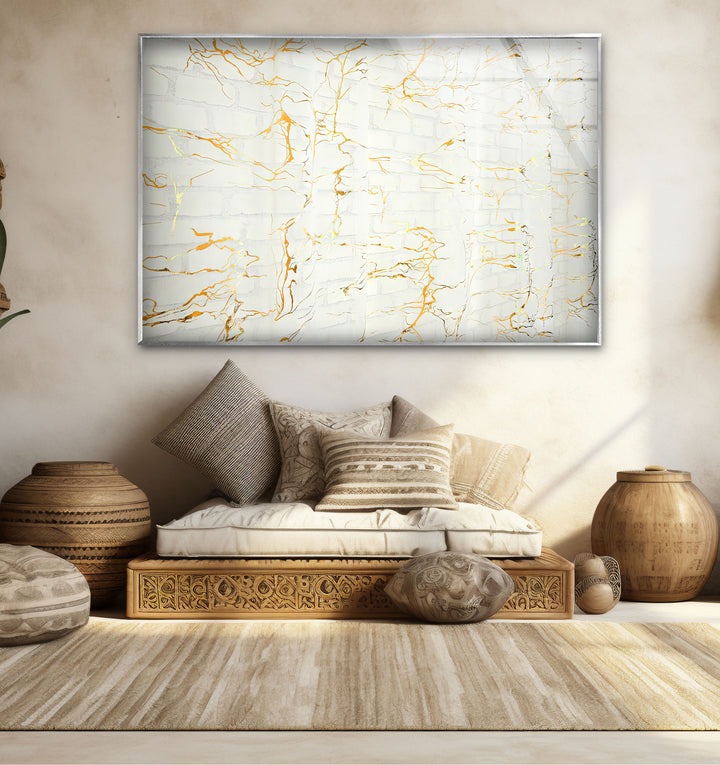 White Marble Texture Glass Wall Art with Gold Veins – Modern Minimalist Decor