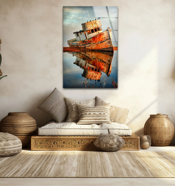 Rustic Abandoned Boat Glass Wall Art – Reflections of Time Nautical Print - MyPhotoStation