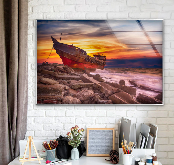 Abandoned Ship Wall Art – Sunset Seascape Glass Print for Nautical Decor - MyPhotoStation