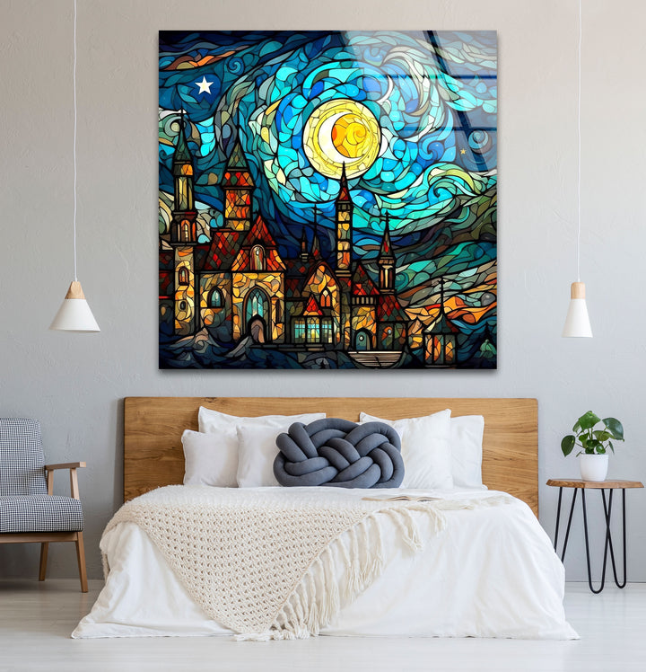 Van Gogh Sternennacht Schloss Glaswandkunst – Buntglas-inspiriert 