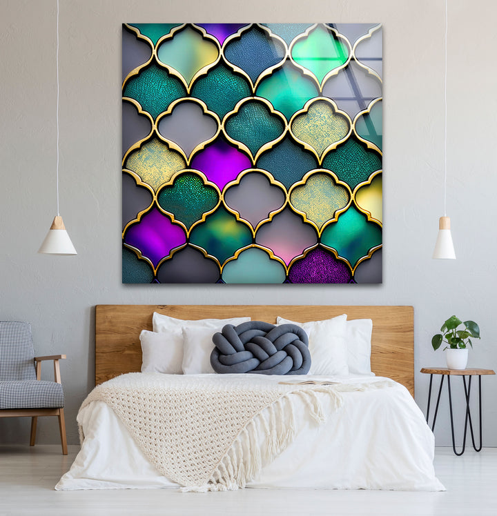 Moroccan Geometric Stained Glass Wall Art – Luxurious Gold & Teal Decor
