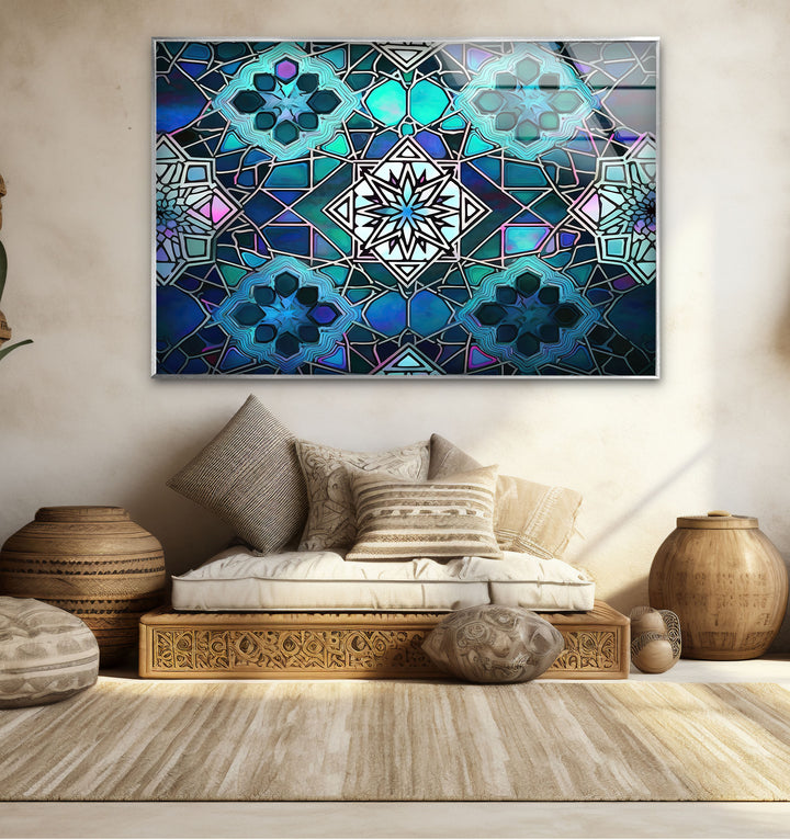 Blue Mosaic Star Glass Wall Art – Islamic Geometric Window Panel, Sacred Pattern Decor