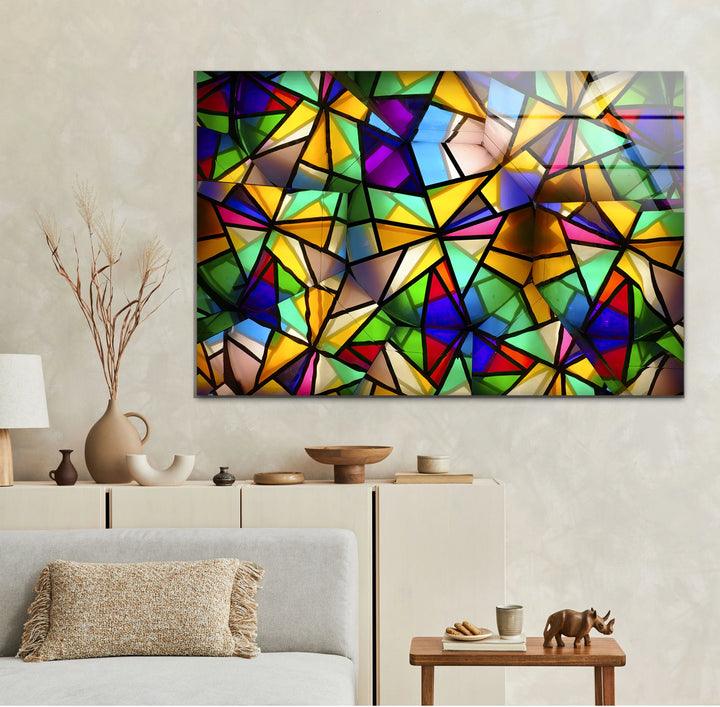 Geometric Color Explosion Glass Art – Abstract Modern Wall Decor in Bold Stained Glass Style - MyPhotoStation