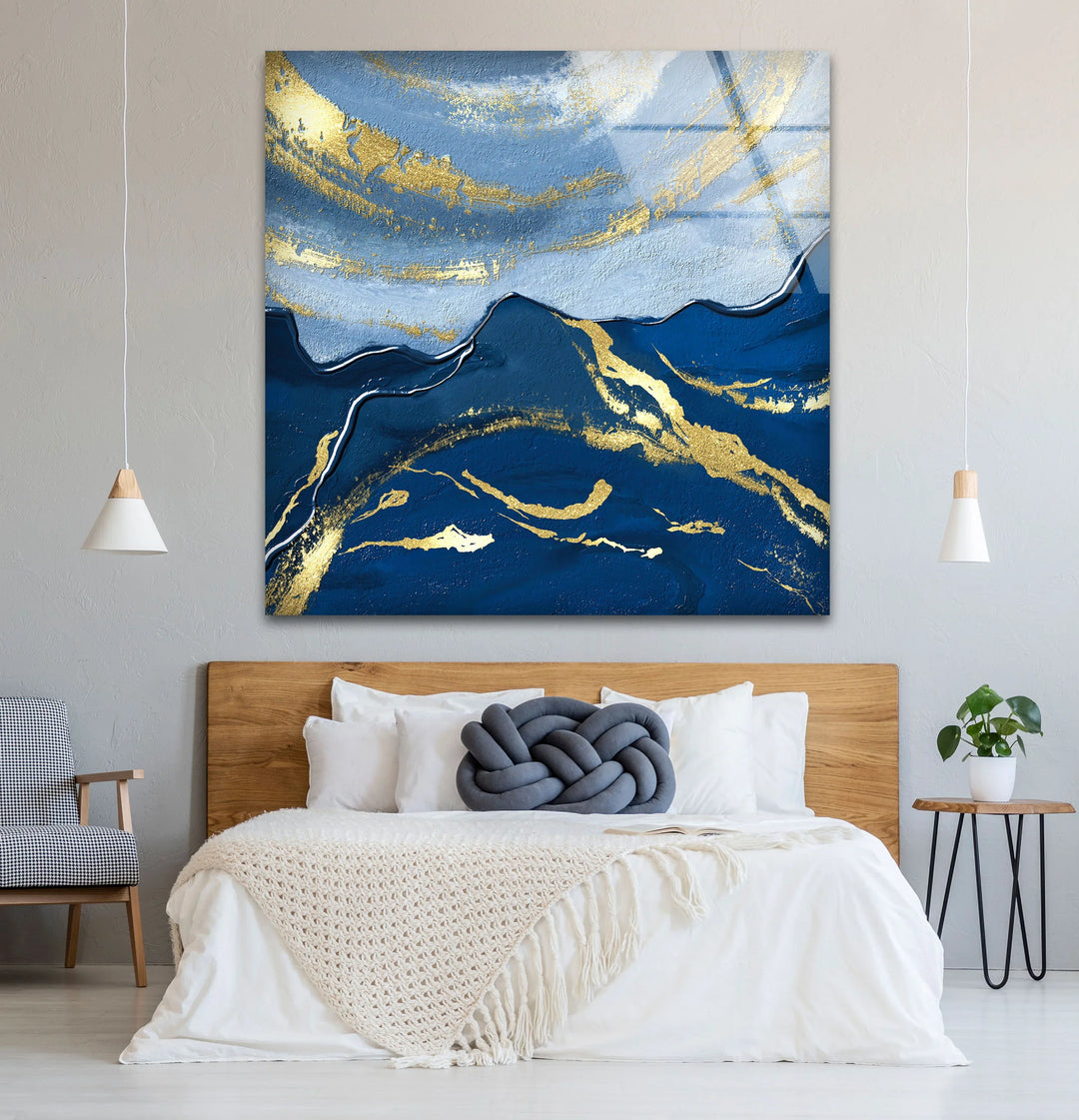 Navy Blue and Gold Abstract Landscape Wall Art – Elegant Glass Print for Modern Living Spaces - MyPhotoStation