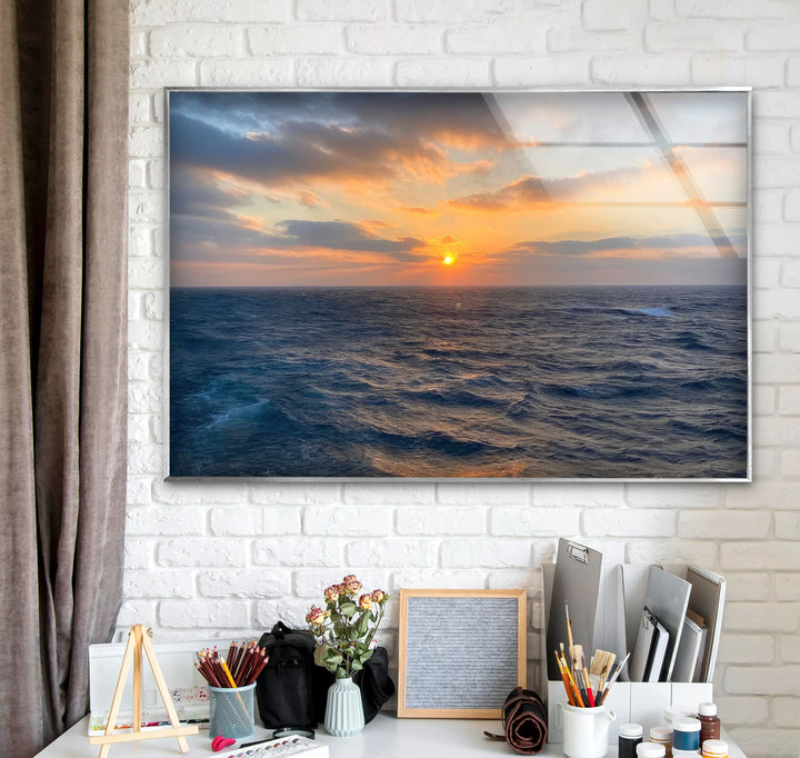 Ocean Horizon Sunset Wall Art – Serene Coastal View Tempered Glass Print - MyPhotoStation