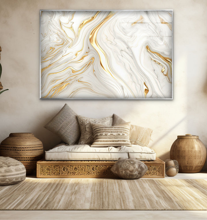 White & Gold Marble Glass Wall Art – Elegant Luxury Abstract Design